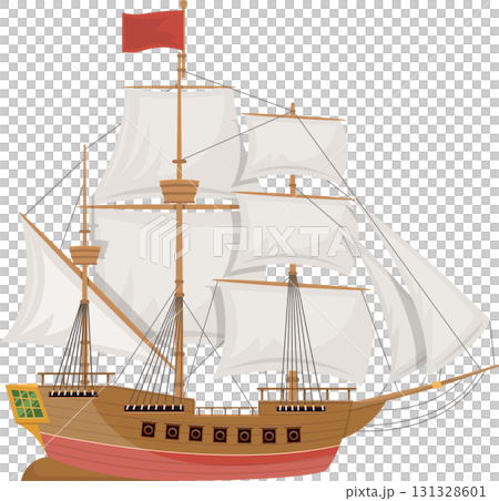 Illustration of a vintage sailing ship with white sails and a red flag against a black background. 131328601
