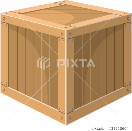 Isometric view of a wooden crate, featuring planks, frame, and metal rivets on a black backdrop. 131328604