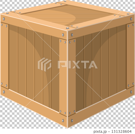 Isometric view of a wooden crate, featuring planks, frame, and metal rivets on a black backdrop. Isometric view of a wooden crate, featuring planks, frame, and metal rivets on a black backdrop. 131328604