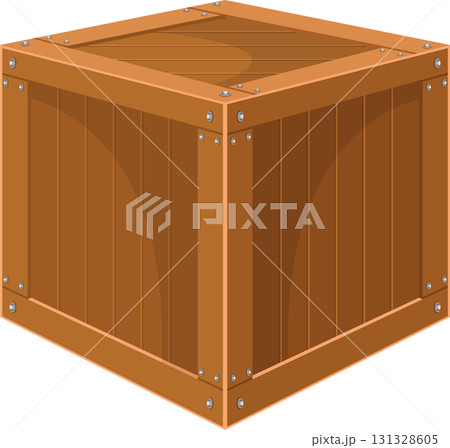 Illustration of a sturdy wooden crate made of planks held together with metal hardware. 131328605