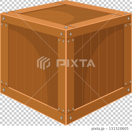 Illustration of a sturdy wooden crate made of planks held together with metal hardware. 131328605