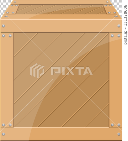 A sturdy wooden crate, reinforced with metal fasteners, stands ready for shipping or storage. 131328606