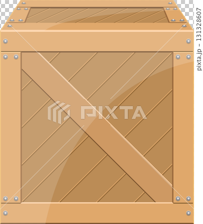 A wooden crate with crossbeam design and metal studs, a durable and classic container image. 131328607
