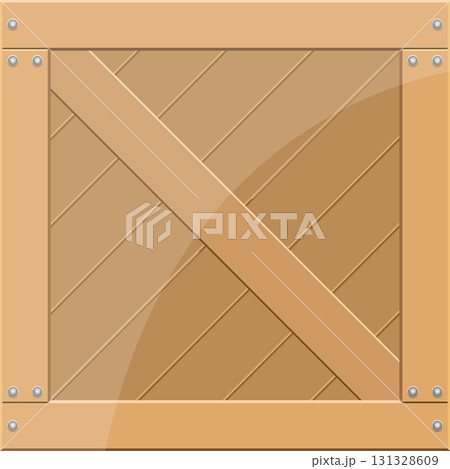 A sturdy wooden crate with a cross brace and metal studs, suitable for storage or transport. 131328609