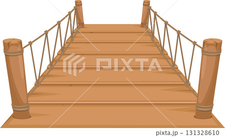 Cartoon image of a brown wooden suspension bridge with sturdy wood posts and rope railings. 131328610