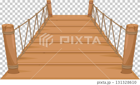 Cartoon image of a brown wooden suspension bridge with sturdy wood posts and rope railings. 131328610