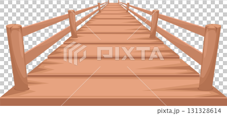 An upward angle of a wooden walkway with railing disappearing into the distance. Pathway to somewhere. An upward angle of a wooden walkway with railing disappearing into the distance. Pathway to somewhere. 131328614