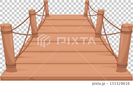 Illustration of a wooden footbridge with rope railings, spanning an unseen gap or feature. Illustration of a wooden footbridge with rope railings, spanning an unseen gap or feature. 131328616
