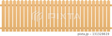 A light brown picket fence spans the image, featuring evenly spaced vertical boards and a pointed top. 131328619