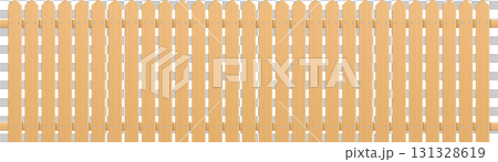 A light brown picket fence spans the image, featuring evenly spaced vertical boards and a pointed top. 131328619