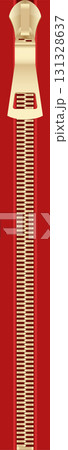 Close-up of a golden zipper on a red surface showcases texture and functionality in design. 131328637