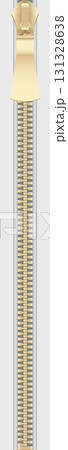 A close up view of a gold zipper with its slider against a gray background and metal sides 131328638