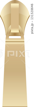 Close-up shot showcasing the intricate design of a gleaming, gold-colored zipper pull tab. 131328646