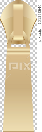 Close-up shot showcasing the intricate design of a gleaming, gold-colored zipper pull tab. 131328646