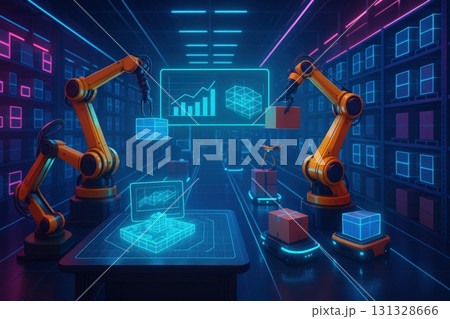 Futuristic Warehouse Automation with Robotic Arms Analyzing Data and Managing Inventory 131328666