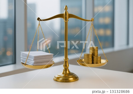 A Symbolic Representation of Justice and Wealth: The Golden Scales Balancing Paperwork 131328686