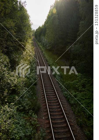 A Serene Railway Track, Wonderfully Surrounded by Lush and Vibrant Greenery of Nature A Serene Railway Track, Wonderfully Surrounded by Lush and Vibrant Greenery of Nature 131328859