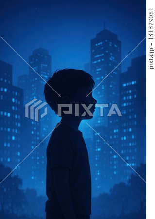A Silhouetted Child Contemplating the Nightscape of a Vibrant City 131329081