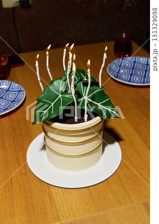 A Whimsical Cake Creatively Designed to Look Like a Potted Plant Completed with Candles 131329098