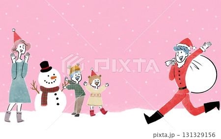 サンタの衣装を着たお父さんと喜ぶ家族の幸せなクリスマスのイラスト サンタの衣装を着たお父さんと喜ぶ家族の幸せなクリスマスのイラスト 131329156