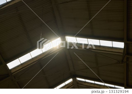 Sunlight gracefully streams through the industrial roof, providing warmth and natural light 131329194