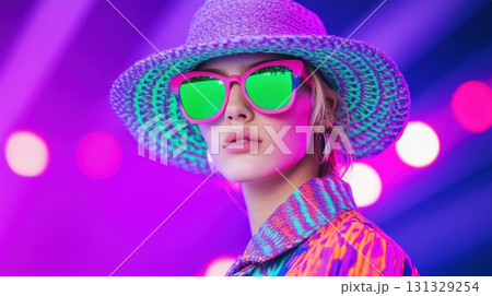 A Stylish Model Showcasing Vibrant Sunglasses and Colorful Attire Under Neon Lights A Stylish Model Showcasing Vibrant Sunglasses and Colorful Attire Under Neon Lights 131329254