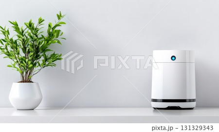 A Modern Minimalist Home Interior Featuring a Sleek White Device Beside a Small Potted Plant 131329343