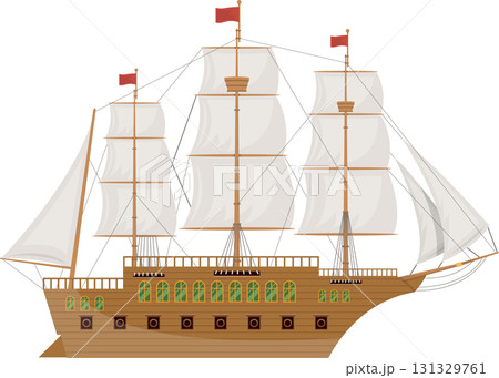 An old galleon ship with white sails and a wooden hull, a symbol of maritime history. 131329761