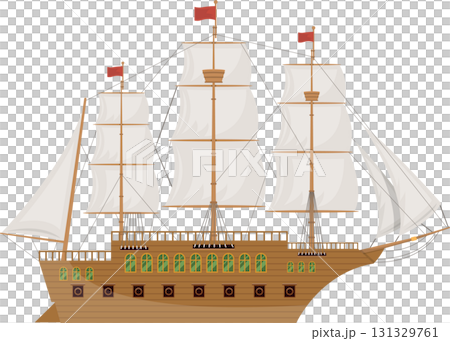 An old galleon ship with white sails and a wooden hull, a symbol of maritime history. 131329761
