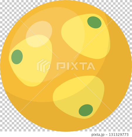 Cartoon yellow planet with green spots and light patches, isolated on a dark background. 131329773