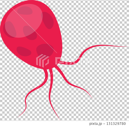 A pink cartoon cell with multiple flagella and dark spots is depicted against a black background. A pink cartoon cell with multiple flagella and dark spots is depicted against a black background. 131329780