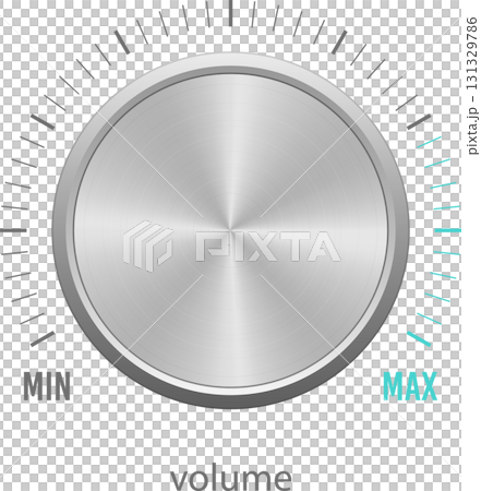 Silver volume control knob turned up to maximum. Indicated by small lines and MAX label. 131329786