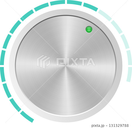 A silver circular control knob surrounded by teal markings indicating various levels/positions. 131329788
