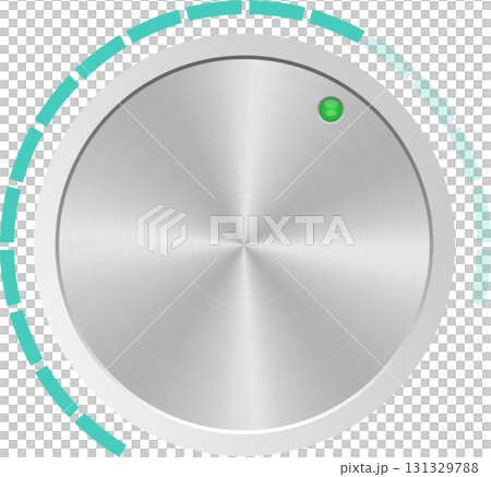 A silver circular control knob surrounded by teal markings indicating various levels/positions. 131329788