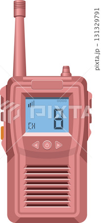 A pink handheld two-way radio or walkie-talkie with a blue screen displaying the number eight. 131329791