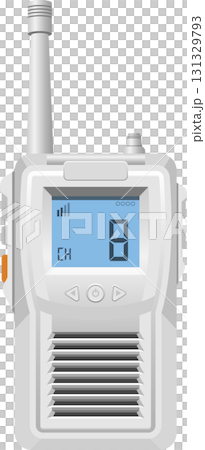 A white handheld two-way radio device with an antenna and a digital display showing channel 8. 131329793