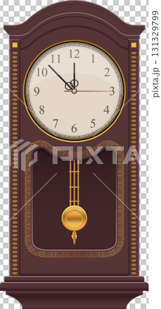 An antique clock, dark brown with a gold pendulum and a beige circular clock face with numbers. An antique clock, dark brown with a gold pendulum and a beige circular clock face with numbers. 131329799