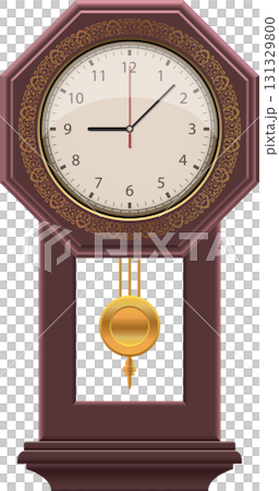 Decorative pendulum clock with a brown frame and ornate gold accents against a black backdrop. 131329800