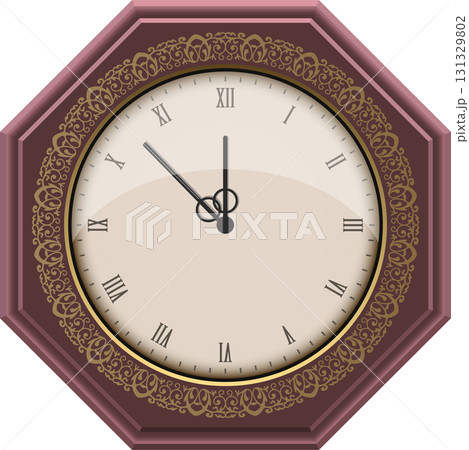 Elegant octagonal clock with intricate gold detailing and classic Roman numeral display. 131329802