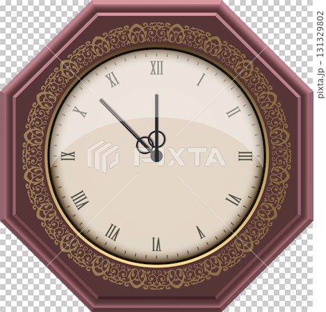 Elegant octagonal clock with intricate gold detailing and classic Roman numeral display. 131329802