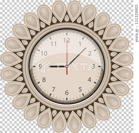 Elegant clock displaying the time with a cream face and decorative bezel featuring teardrop shapes. Elegant clock displaying the time with a cream face and decorative bezel featuring teardrop shapes. 131329803