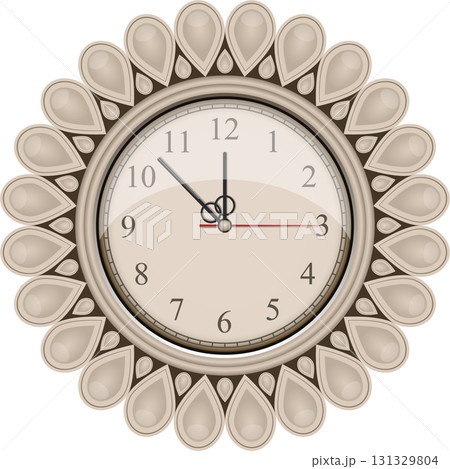 An analog wall clock with a decorative border displaying the time ten minutes after twelve. 131329804