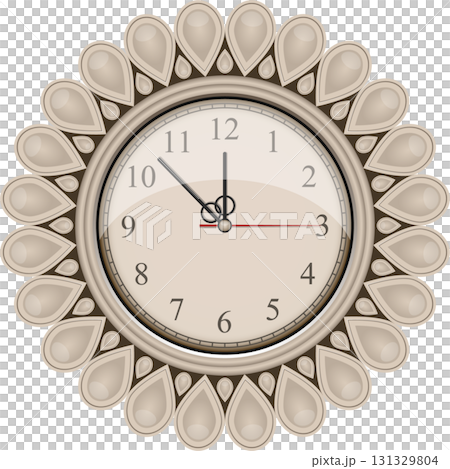 An analog wall clock with a decorative border displaying the time ten minutes after twelve. 131329804