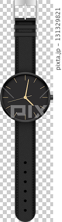 Elegant wrist watch with a black face, gold hands and markers, and a black strap with silver buckle. 131329821