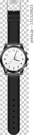 Elegant wristwatch with black band and white face showing the time against a black background. Elegant wristwatch with black band and white face showing the time against a black background. 131329823