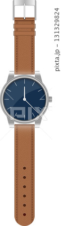 An elegant analog watch with a silver case and a textured brown leather strap displayed vertically. An elegant analog watch with a silver case and a textured brown leather strap displayed vertically. 131329824