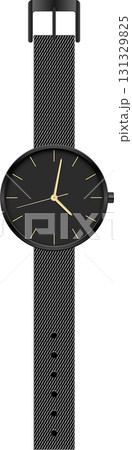 A stylish black wristwatch with a minimalist design, gold hands, and a sleek mesh metal band. A stylish black wristwatch with a minimalist design, gold hands, and a sleek mesh metal band. 131329825