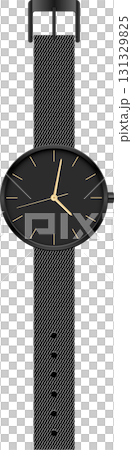 A stylish black wristwatch with a minimalist design, gold hands, and a sleek mesh metal band. A stylish black wristwatch with a minimalist design, gold hands, and a sleek mesh metal band. 131329825