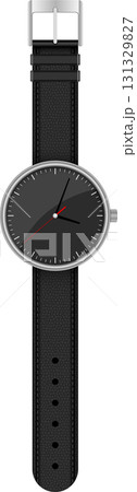 Elegant wristwatch with black textured leather strap, silver casing, and black clock face. Elegant wristwatch with black textured leather strap, silver casing, and black clock face. 131329827