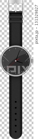 Elegant wristwatch with black textured leather strap, silver casing, and black clock face. Elegant wristwatch with black textured leather strap, silver casing, and black clock face. 131329827